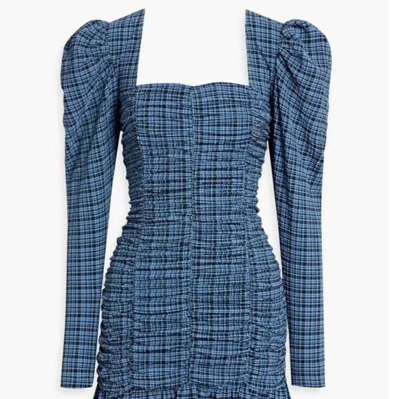 Ganni Mini DressRuched Checked Stretch Seersucker Blue Black New Size 34 US 4 - Picture 3 of 8